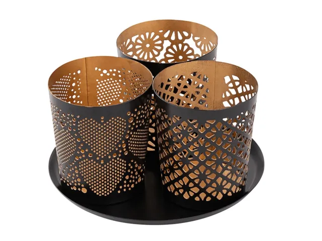Kerzenhalter 3er Set Kerzenständer Teelichthalter rund schwarz gold