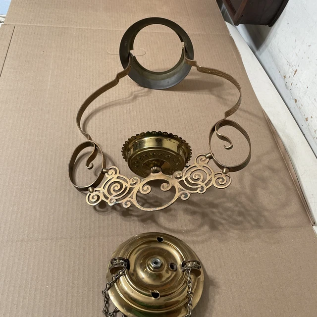 VINTAGE BRASS HANGING Oil Lamp Frame Parts Library or Parlor Style 37.