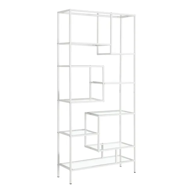 Bookshelf, Bookcase, Etagere, 72"H, Office, Bedroom, Metal, Tempered Glass, Whit