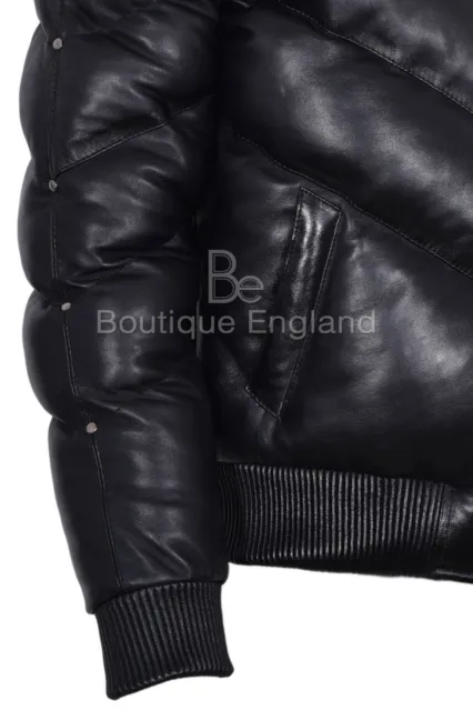 Men's Puffer Leather Jacket Fur Collar WARM Bomber Black REAL LEATHER Jacket Ace 9
