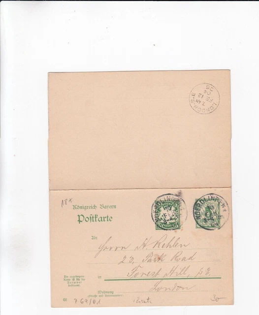 DM039/ Bayern Ganzsache 69 / 01 DOPPELKARTE Zusatz oo -  England
