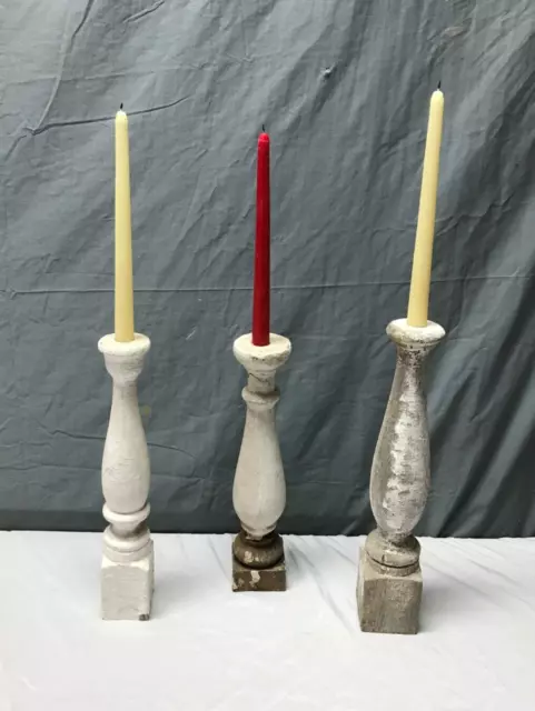 Set 3 Turned Wood Shabby Spindles Candle Stick Chunky Holders Old VTG 2073-23B