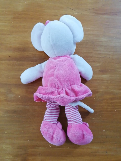 Doudou Peluche Nicotoy Simba Souris Blanc Robe Rose Noeud Fleur Rayé 2
