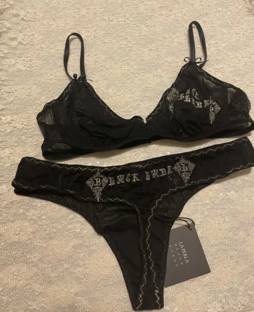 La Perla Black Label Litterae Bra Thong Set 36B M Black Silver Dangling Heart