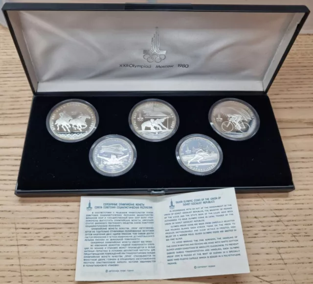 1978 Moscow USSR Russia 5 Coin Silver Olympic Set 5 & 10 Rubles with Case
