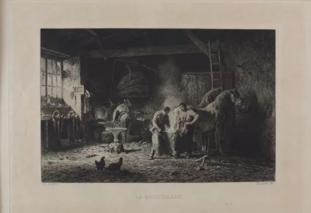 Charles Emile Jacque (French 1813-1894) Etching on laid paper, "La Marechalerie"