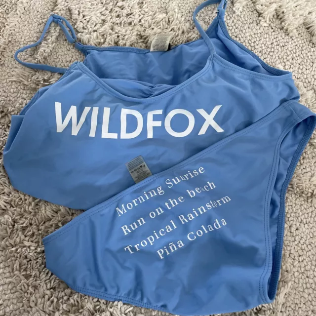 Wildfox Bikini Blue Top Swim Flutter Pink Hearts & Bottom Women’s Swimsuit L