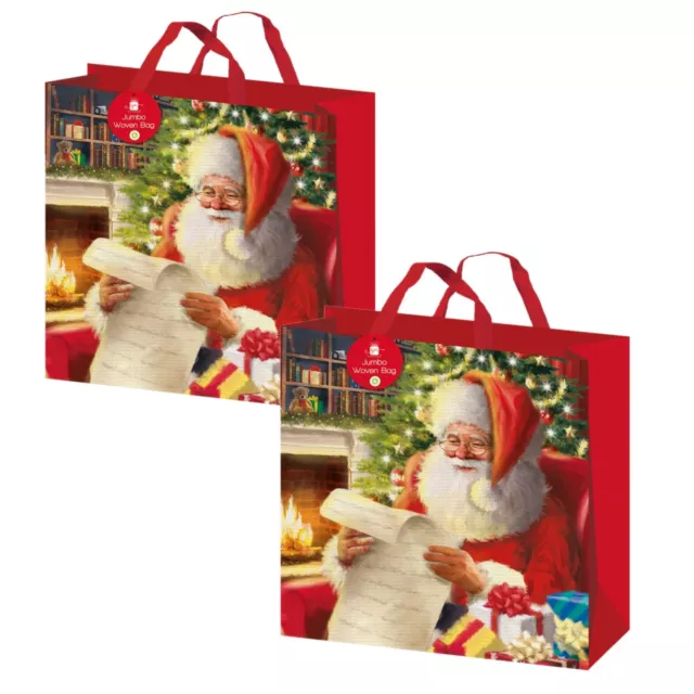 Set De 2 Grand Jumbo Noël Cadeau Sacs Tissé 45cm x 45cm - Traditionnel Santa