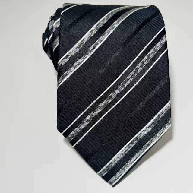 HUGO BOSS Black Silk Tie w Silver&White Stripes 59x3.5” NWOT