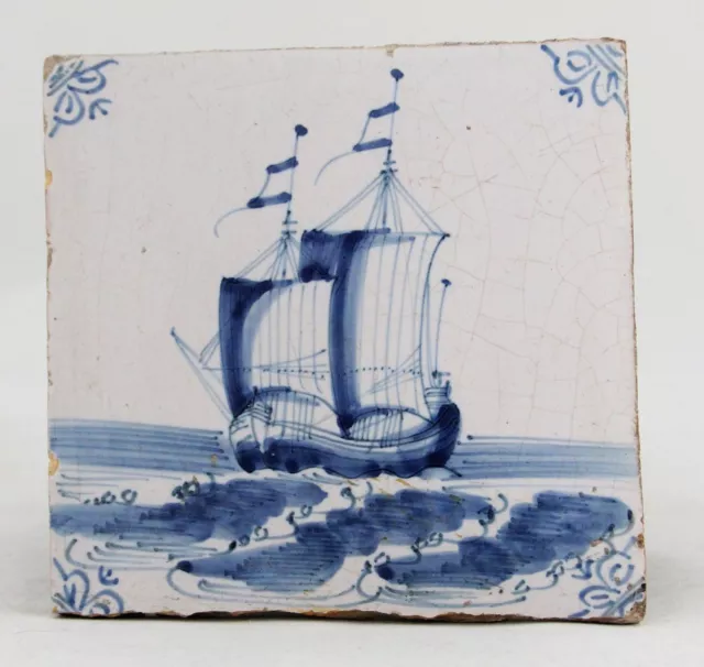 antique 17th C. Dutch delft blue Tile with Sailing Ship, Vessel, Two Master