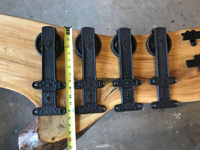 4 antique Medina Mfg Co. barn door rollers with track architectural salvage 3