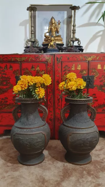 Fine Antique Pair, Large Chinese Imperial, Bronze Altar Vases 2