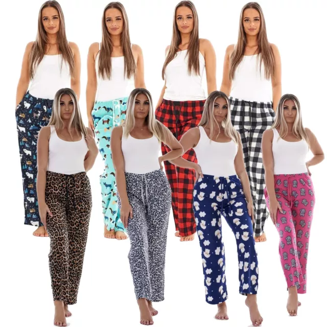 Ladies 2 Pack Fleece Lounge Pyjama Pants Winter Animal Check Design Drawstring