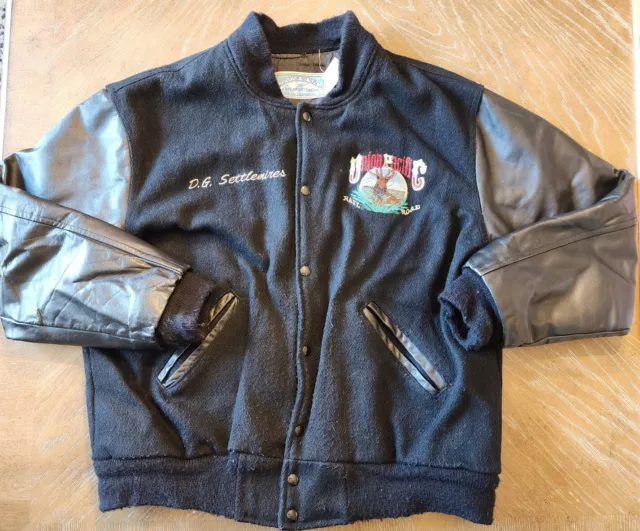 Vtg Union Pacific Railroad Horizon Leather Varsity lettermans Jacket Large black