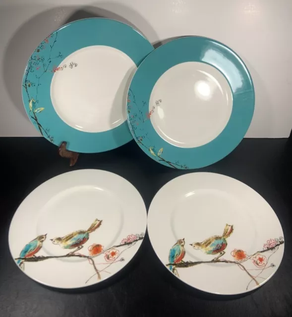 4  Lenox Simply Fine Chirp Bone China Bird Luncheon Salad Plates 10 7/8", 9 1/4"