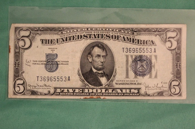 1934-D Five Dollar Silver Certificate $5 Bill Blue Seal Note Circulated