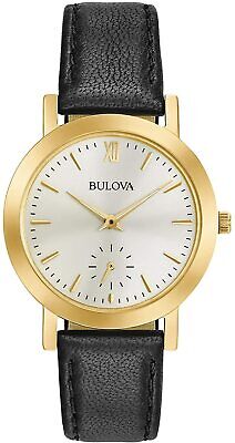 Bulova 97L159 Gold Tone Silver White Dial Black Leather Strap Womens Dress Watch