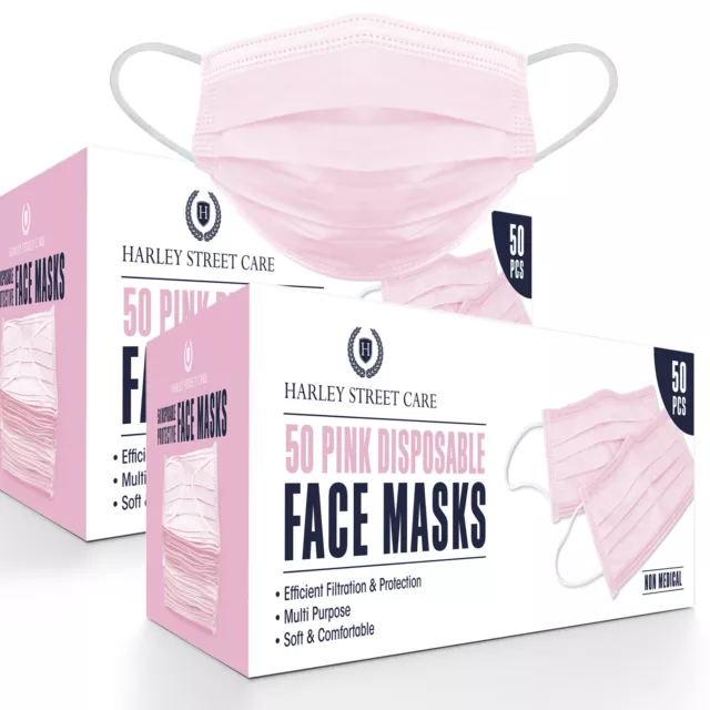 Disposable Pink Face Masks Protective 3 Ply Breathable Mouth Cover 2x50, 100 pcs