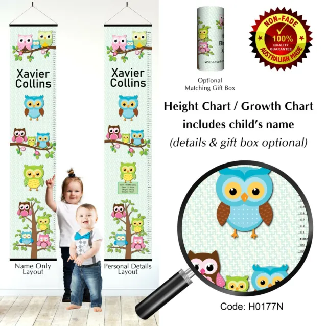 Growth Height Chart Owl Family Green Theme for Baby or Child - Personalised