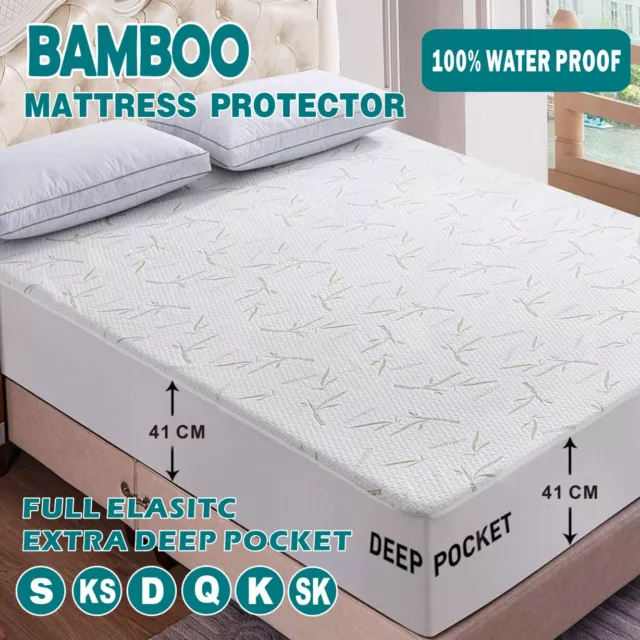 EXTRA DEEP Bamboo Mattress Protector Waterproof Fitted Cover S/KS/Queen King Bed