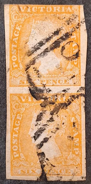 1854 Victoria Australia Pair 6d Dull Orange Imperf Woodblock stamps Used