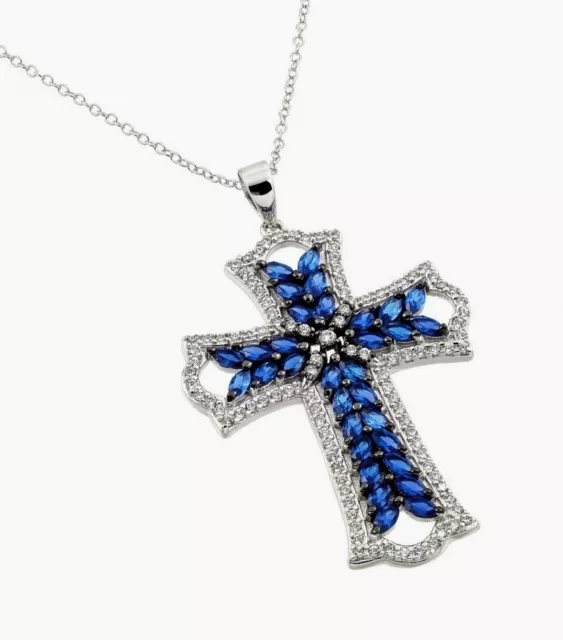 925 Sterling Silver Cross Pendant Necklace W/ Tanzanite & Accents /18'' Long