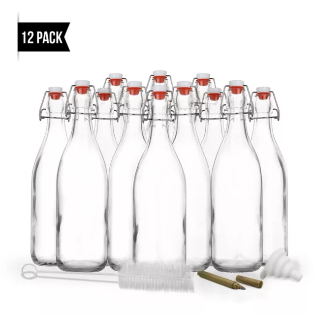 Nevlers 17 Oz. Airtight Glass Swing Top Bottles + Accessories (Pack of 12)