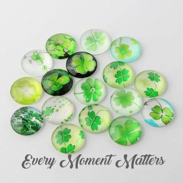 10 x FOUR LEAF CLOVER LUCKY ST PATRICKS GLASS CABOCHONS Sold in Pairs 12mm