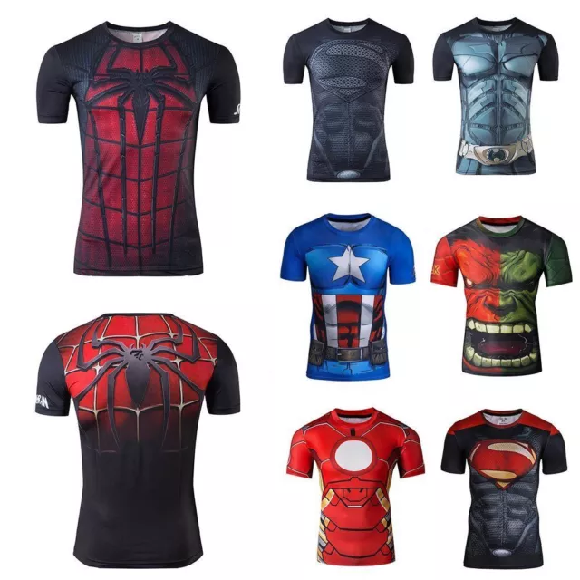 Mens t shirt compression top gym superhero avengers movie theme muscle superman