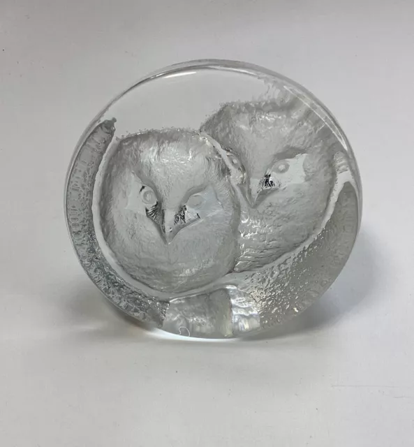 Mats Jonasson OWL PAIR Sweden Crystal Figurine Sculpture Paperweight 3.5” signed