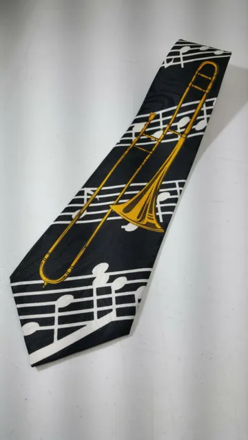 A. Rogers Trombone Music Notes Men's Tie Necktie Black / Gold - 100% Polyester