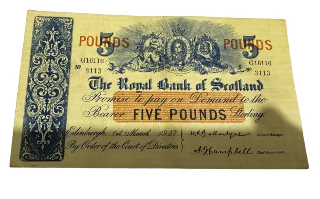 The Royal Bank of Scotland 1957 £5 note - G16116 No 3113 - vg condition.