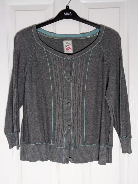 Next grey cardigan with blue piping, 3/4 sleeve, size 20, one button missing