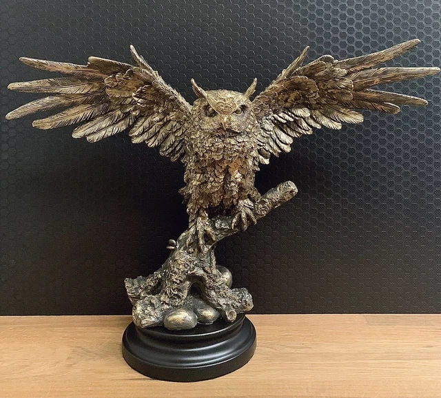 BRONZE EULE MARMOR Luxus Bronzefigur Kauz Statue Uhu Skulptur Vogel