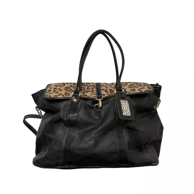 Steve Madden Black Faux Leather Animal Print Duffle Bag Travel Tote 14X21