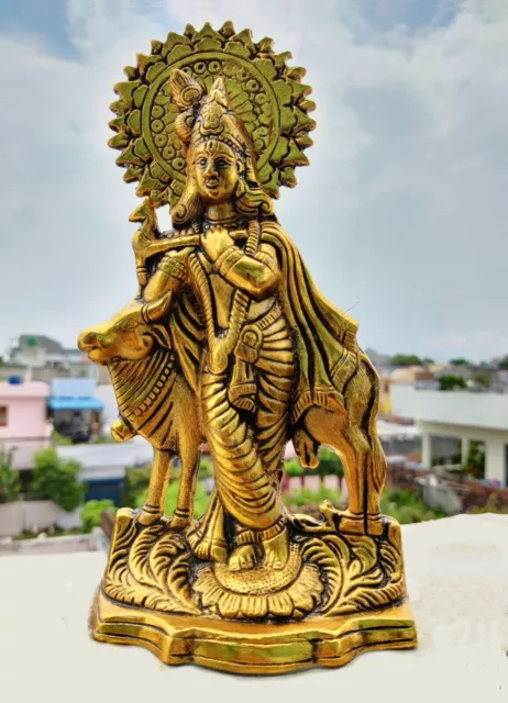 Lord Krishna with Cow Janmashtami Krishna Statue Figurine with cow - Hindu God o