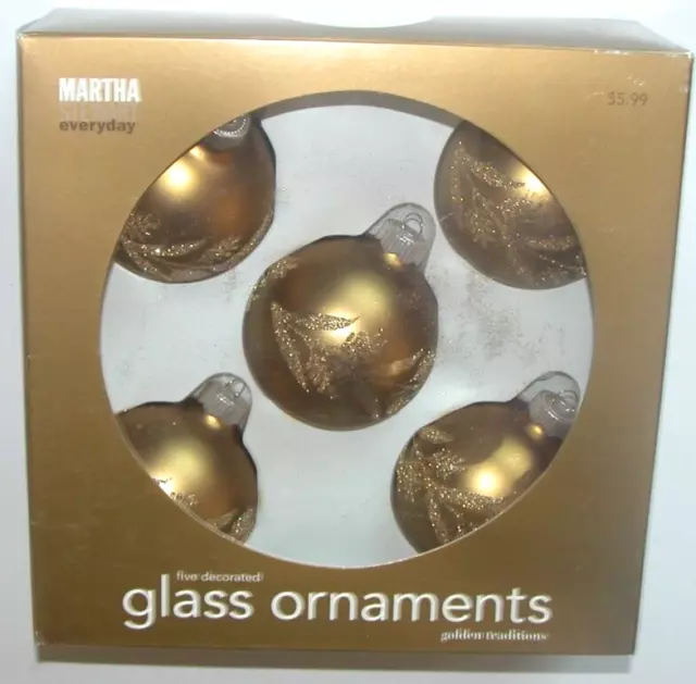 NEW NWT Christmas Ornament Round Glass Martha Stewart Set 4 Gold Glitter
