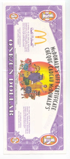McDonalds Canada $1 One Dollar Paper Gift Certificate Vintage 2007