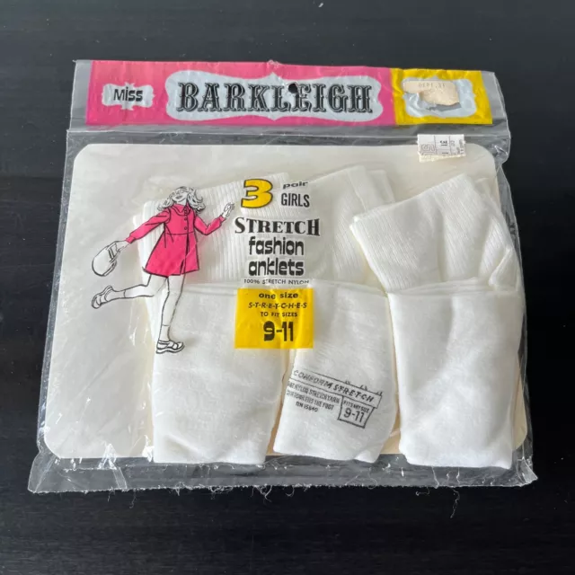 Vintage NOS Girls White Anklet Socks ~ 3 Pair Miss Barkleigh Size 9-11 Shoe 2-8