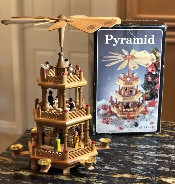 Vintage Wooden Christmas Nativity Windmill Carousel Pyramid Tower 3 Tier