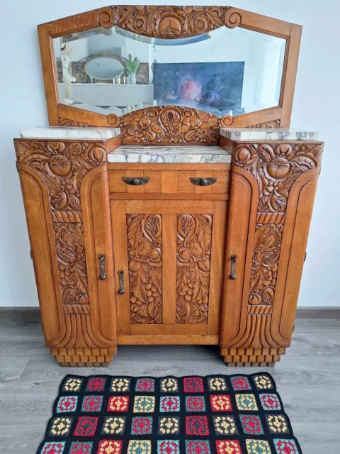 Buffet art déco plateaux marbre, meuble vaisselier ancien