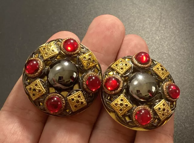 Vintage Patti Horn Earrings Clip On Round Gold Plate Red Glass Signed