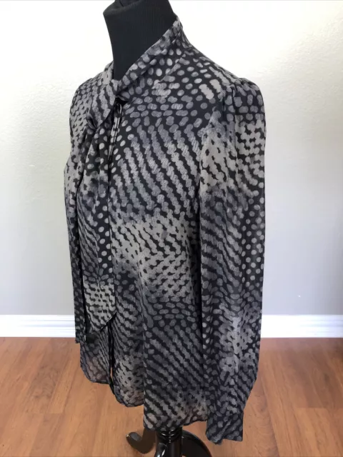 Theory $345 NWOT M 36" 100% Sheer Silk Tie Neck Top Blouse Shirt Black GEO Print