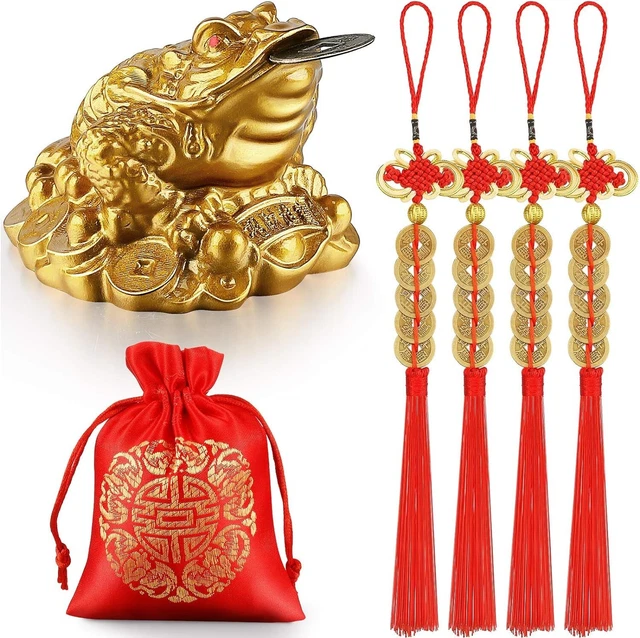 Feng Shui Money Frog Chinese Coins Three Legged Toad w/ Coin, 4 Piece Lucky Knot
