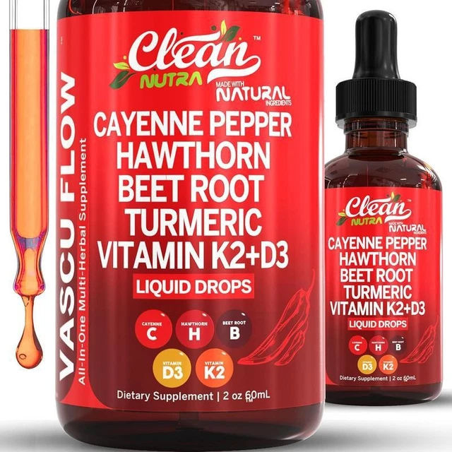 VASCU FLOW CAYENNE Pepper Liquid Drops Hawthorn Beef Root Turmric ...