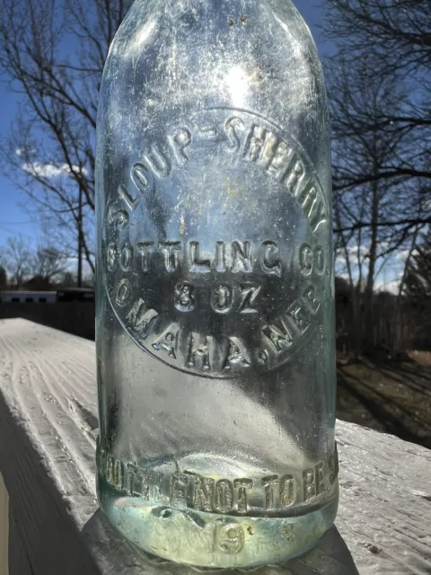 Sloup Sherry Bottling  Vintage  Soda Bottle Embossed Omaha Nebraska Green Tint