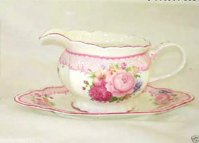 Stunning Shabby Chic Fine Bone China Rose Gravy Jug & Plate