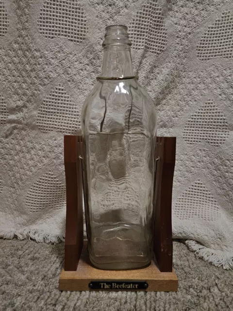 Vintage 1 Gallon Beefeater Dry Gin Bottle on Swing Tilt and Pour Wooden Stand