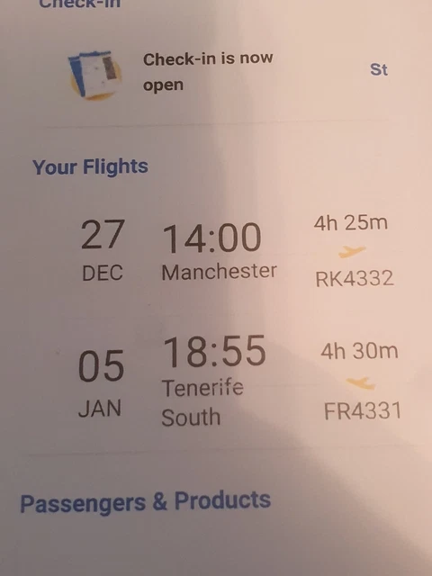 Flight ticket Manchester-Tenerife return  27 Dec 23-05 Jan 24