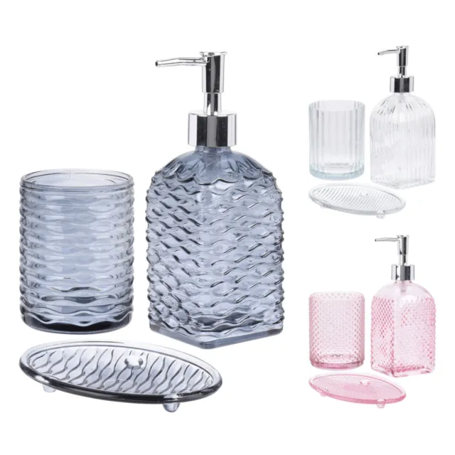 Bathroom Accessories Set Soap Lotion Dispenser Dish Toothbrush Tumbler Glass 3pc